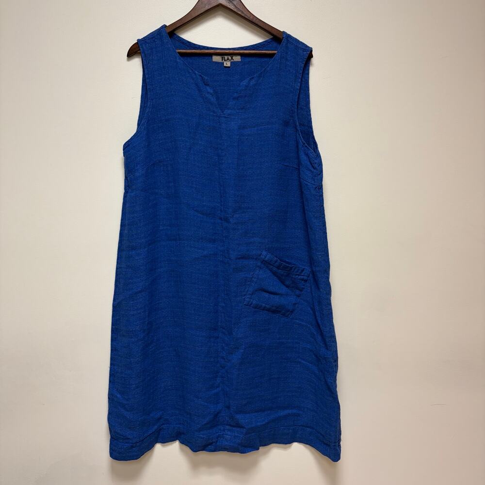 FLAX Blue 100% Linen Sleeveless V-Neck Dress Shift Dress Lagenlook Minimalist L